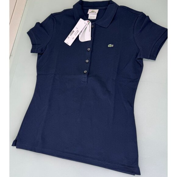 Lacoste Polo Shirt Women's US 8 UK 40 Pique Stretch Navy Blue Short Sleeve New - Picture 1 of 7